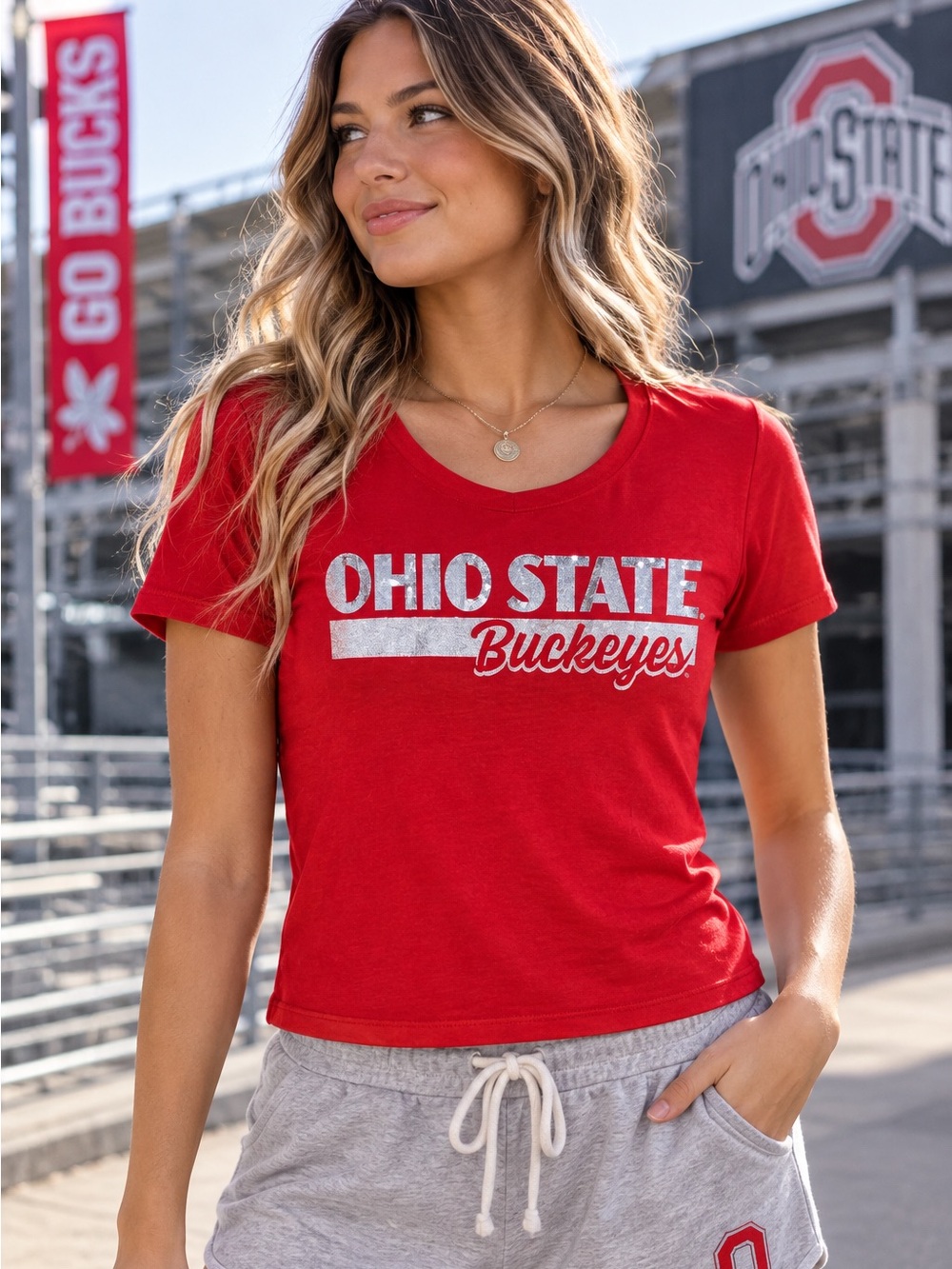 COLOSSEUM Ohio State Buckeyes Red Silver Glitter Sports Tee Size S NWT